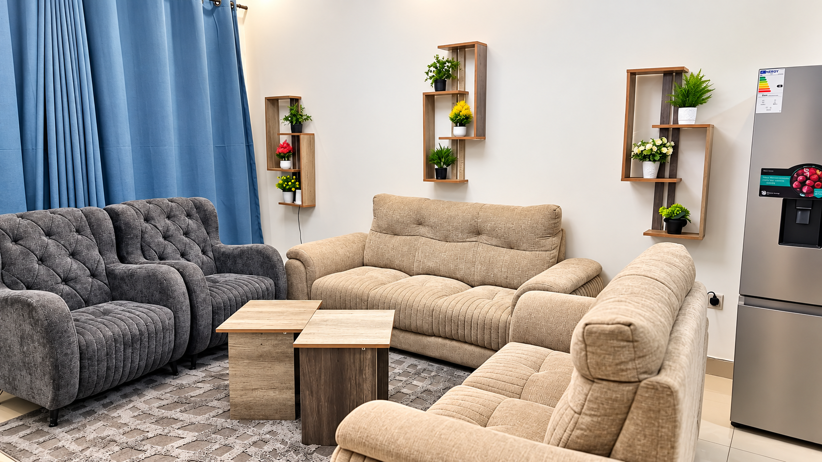 Oriah House lounge with comfortable sofas and blue curtains
